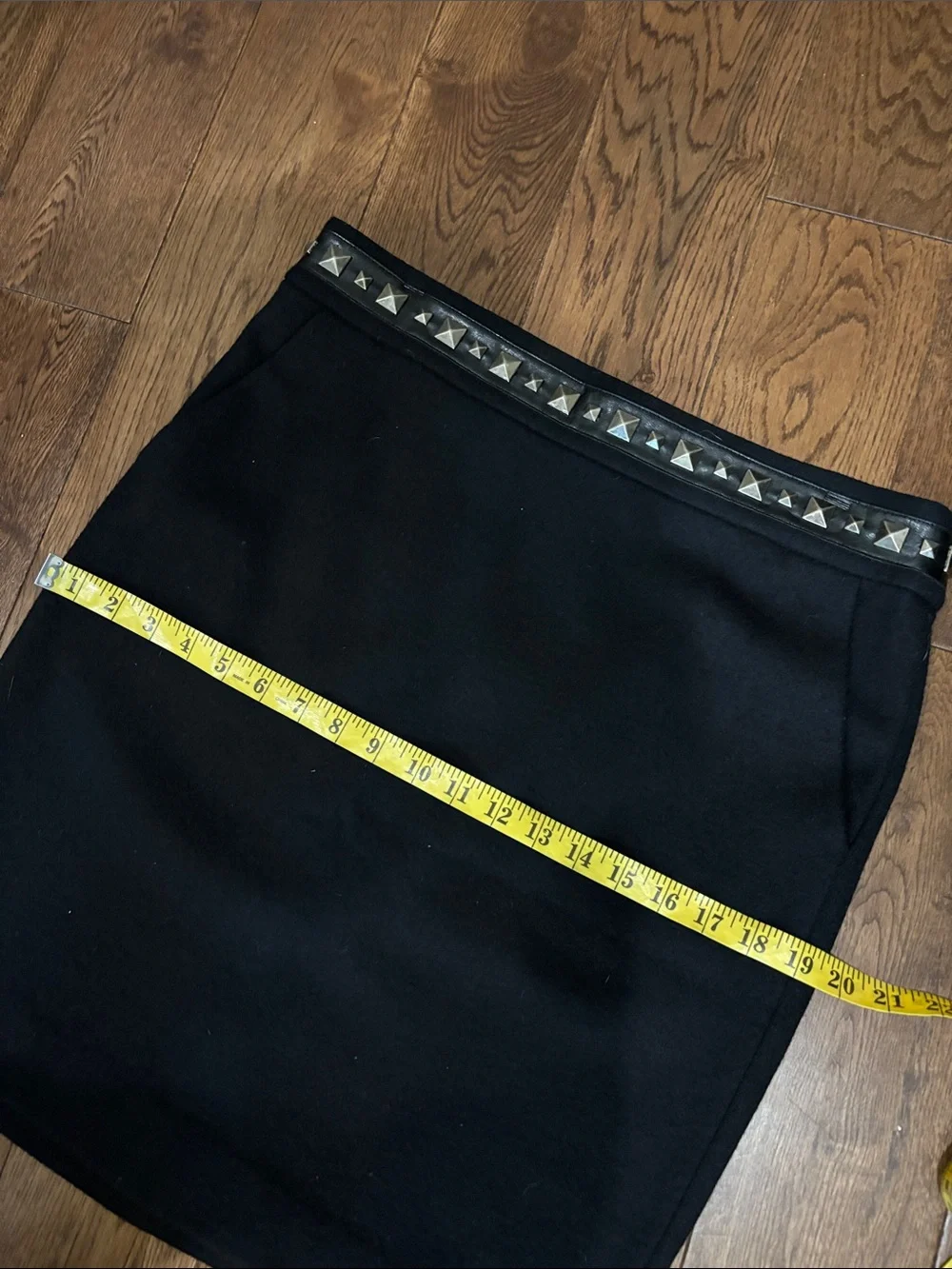 Tory Burch Black Wool Pencil Skirt Studded Waist Leather Trim Pockets Size Large